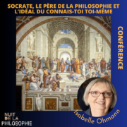 Photographie de la peinture de l'Académie de Platon. Dans un cercle en bas à droite se trouve la photo de la conférencière.