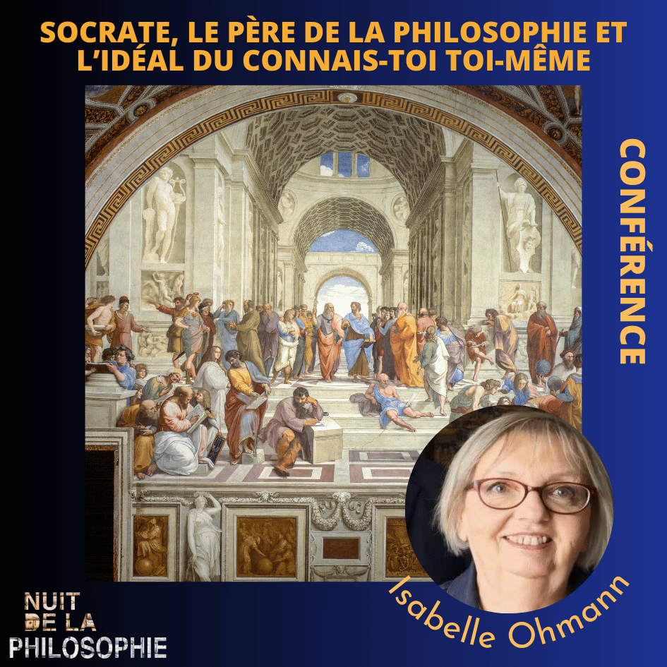 Photographie de la peinture de l'Académie de Platon. Dans un cercle en bas à droite se trouve la photo de la conférencière.